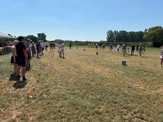 De kubbvelden op de wei naast de tent